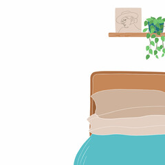 Bedroom and Modern Loft style. Cozy minimalist concept ,wood modern bed with pillows and pled and empty space for text. 