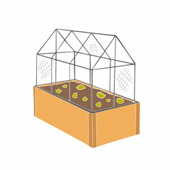 Illustration of greenhouse with plants inside in flat style. Glass house with cabbage and salad plants. Organic and healthy harvest concept
