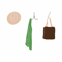 Colored shirt, bag and hat on a hanger for storage isolated on a white background. Organization of clothes or storage. The inner space of a closet or wardrobe. Flat illustration