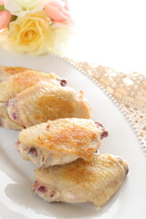 Chinese food, pan fried chicken wings on plate 