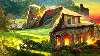 OLd stone house on a green hill against beautiful sunset sky. Beautiful natural wallpaper. Digital painting illustration