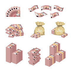 Saudi Riyal Vector Illustration. Huge packs of Saudi Arabia money set bundle banknotes. Bundle with cash bills. Deposit, wealth, accumulation and inheritance. Falling money 100 SAR