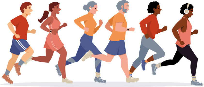 Group of diverse people running marathon competition. Jogging for men and women. sport activity and healthy lifestyle. Vector illustration of workout. Marathon race concept for young a old people