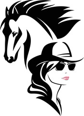 beautiful cowgirl woman wearing cowboy hat and sunglasses with wild mustang horse head vector outline portrait - obrazy, fototapety, plakaty