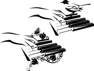 female musician hand playing the piano keyboard with rose flowers, butterfly and bird - classical music and nature harmony concept black and white vector design