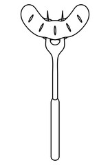 Sausage on a fork. Grilled frankfurter sausage with slits. Sketch. Vector illustration. Juicy barbecue sausage. Coloring book. Outline on isolated background. Doodle style. Idea for web design.