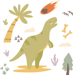 Cute dinosaur t-rex. Funny cartoon dino with tropic leaves, bones, footprints. Hand drawn vector kids design for nursery room, clip art, prints in scandinavian style. Cute baby monster