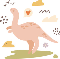 Cute baby girl dinosaur. Funny cartoon dino with red heart. Hand drawn vector kids design for nursery room, clipart, prints in scandinavian style. Concept for cards, posters, t-shirts.