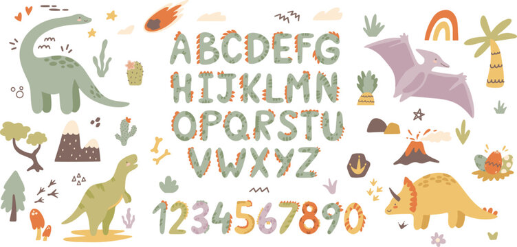 Cute baby dinosaurss set. Funny cartoon dino. Alphabet and numbers. Hand drawn vector kids design for nursery room, clipart, prints in scandinavian style. Concept birthday cards, posters, t-shirts.