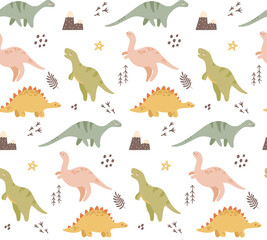 Vector colored childish pattern with cute dinosaurs and tropical palm. Scandinavian wall art, cartoon background. Kids print with cute dino, leaves, mountains. Apparel, textile, wallpaper.