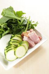 chopped zucchini , bacon and spinach with onion for prepared food ingredient image