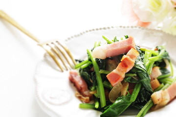 Bacon and spinach stri fried for asian comfort food image