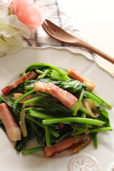 Bacon and spinach stri fried for asian comfort food image