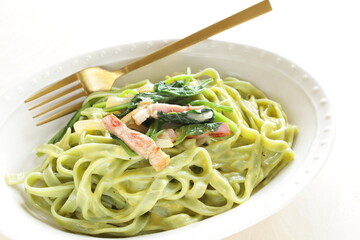 Homemade Italian, Bacon and spinach fettuccine pasta