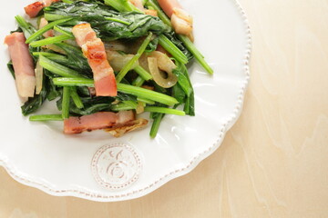 Bacon and spinach stri fried for asian comfort food image