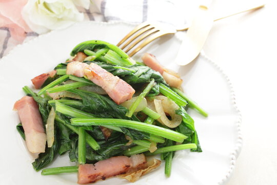 Bacon and spinach stri fried for asian comfort food image