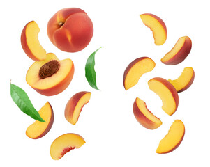 falling ripe peach slices isolated on white background. Set or collection