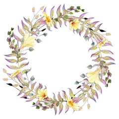 Watercolor circle frame arrangement with hand drawn autumn flowers, branches and leaves. Isolated on white background. Design for invitations, wedding or greeting cards, wallpaper, print, textile