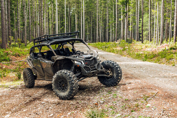 UTV in the woods dirty from mud in front of water - Powered by Adobe