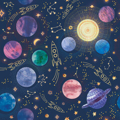 Cosmos Solar System pattern, Space exploration seamless background - 520527675