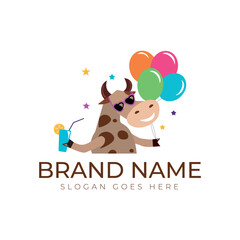 Concept Mascot Logo in Cow Shape, Maskot Cow Logo Holding Balloon and Lemonade