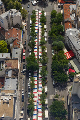 In an aerial view, a traditional food market in Paris, France