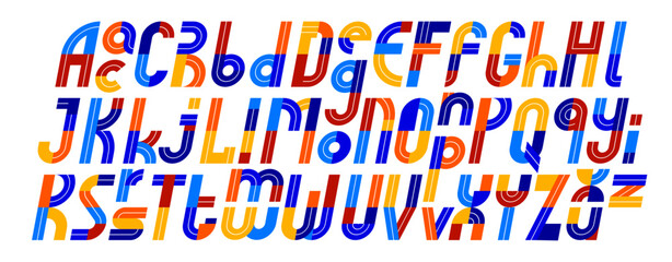 Sport game font, vector retro trendy geometric alphabet letters set, italic speed typeface, lowercase included, 90s style logo creation.