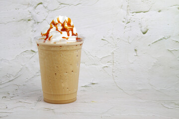 Freshly made caramel macchiato flavored frappe