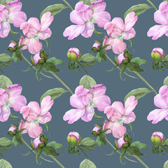 Fototapeta na wymiar Peony flowers on a watercolor background. Seamless pattern. Collage of flowers and leaves. Use printed materials, drawings on fabric, objects, scrapbooking, greeting cards.