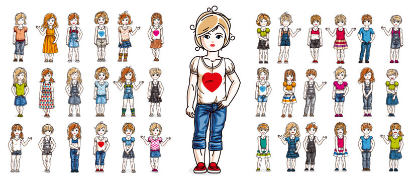 Cute little child girls in different casual wear standing in full length and posing vector illustrations isolated big set, happy beautiful kids drawings collection, people diversity children.