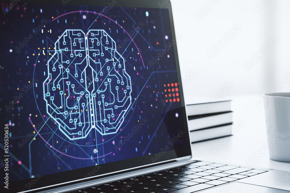 Poster modern computer display with creative human brain microcircuit. future technology and ai concept. 3d