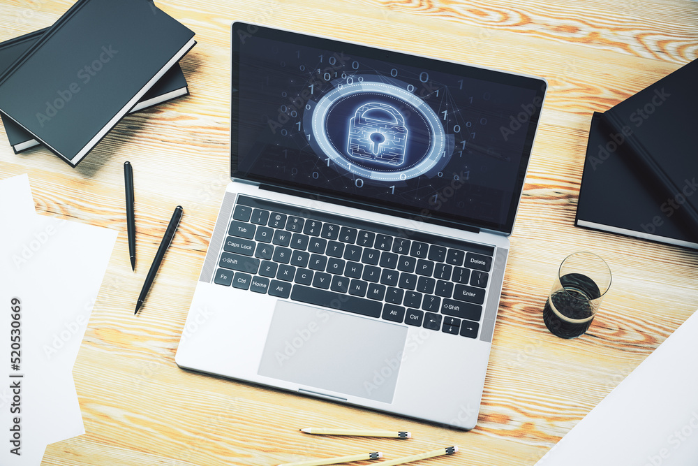 Poster Modern computer monitor with creative lock hologram and chip. Information security concept. 3D Rendering