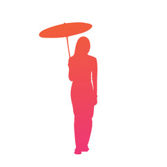 Vector silhouette of girl holding umbrella, vector illustration with gradient going from pink to orange.