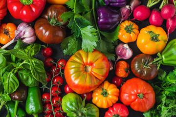 Assortment of fresh ripe organic vegetables and herbs. Low carb diet. Vegan or vegetarian food. Top view