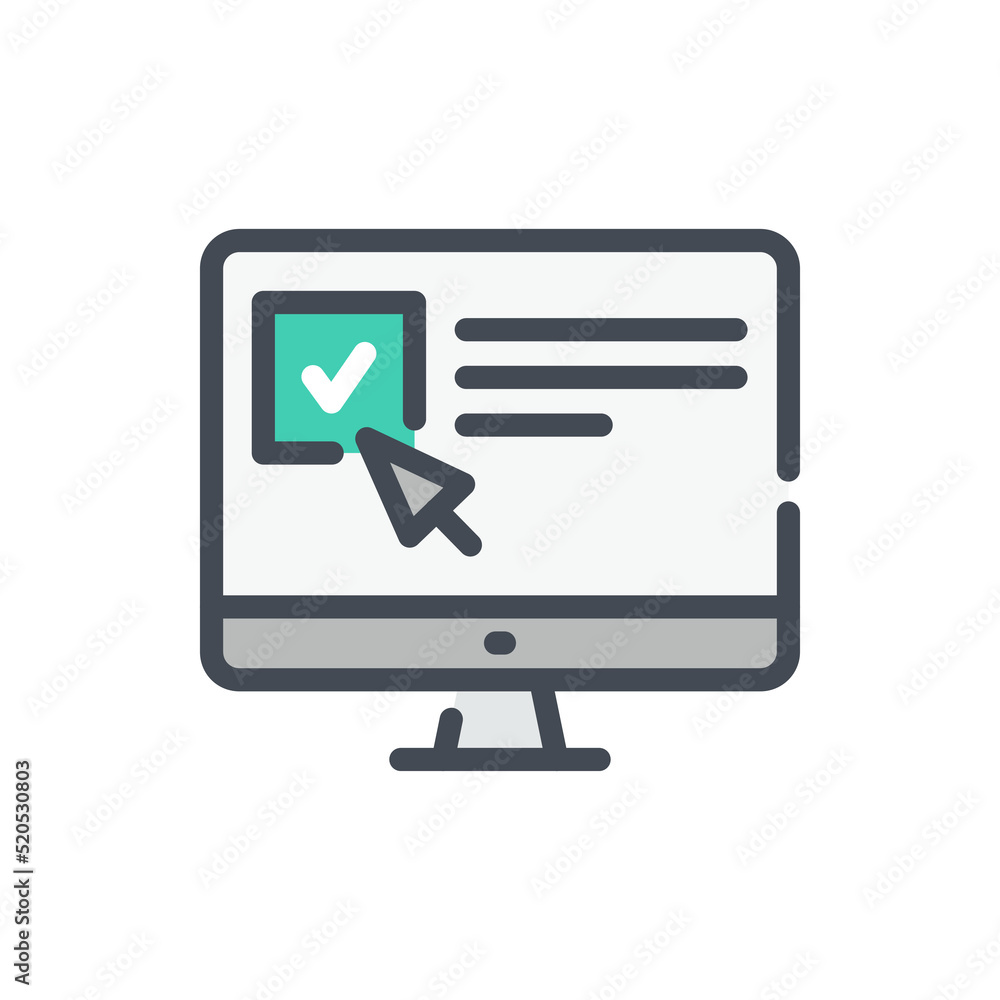 Fototapete Online exam, Survey form on computer display and Select field with cursor color line icon. PC with check box and tick vector outline colorful sign.