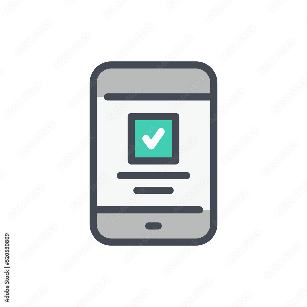 Poster mobile phone with online confirmation and approval color line icon. smartphone with check box and ti