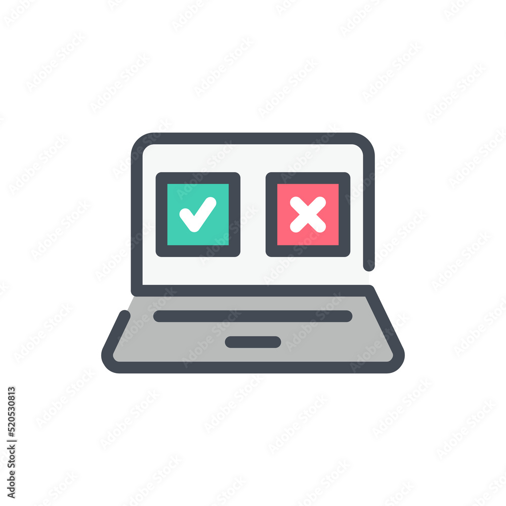 Poster online survey and survey questionnaire color line icon. laptop and check box with tick and cross on 