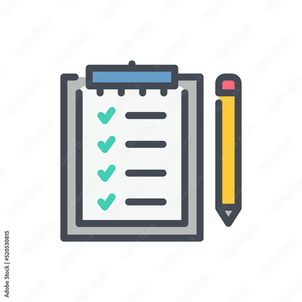 Poster clipboard with check mark list and pencil color line icon. quality control report and exam list vect
