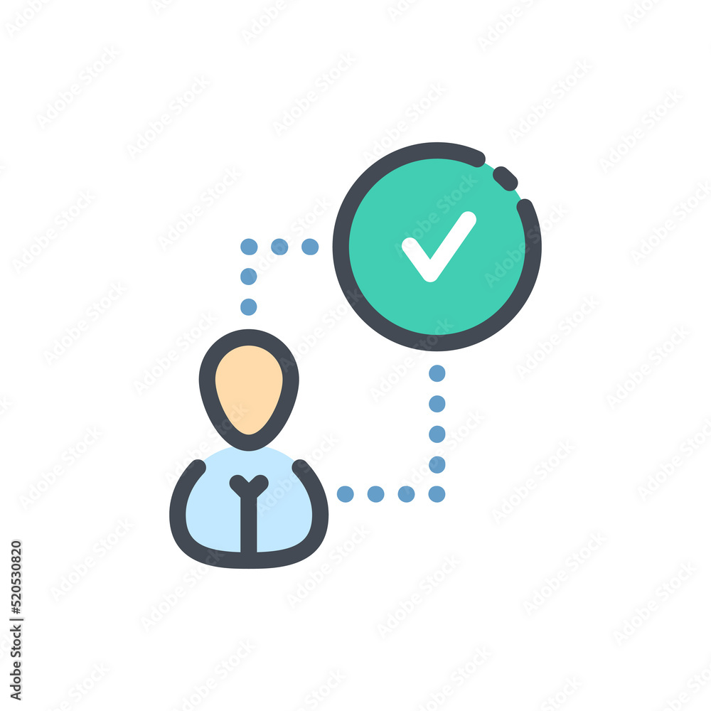 Poster person with connection to circle with check mark color line icon. successful completion of the task 