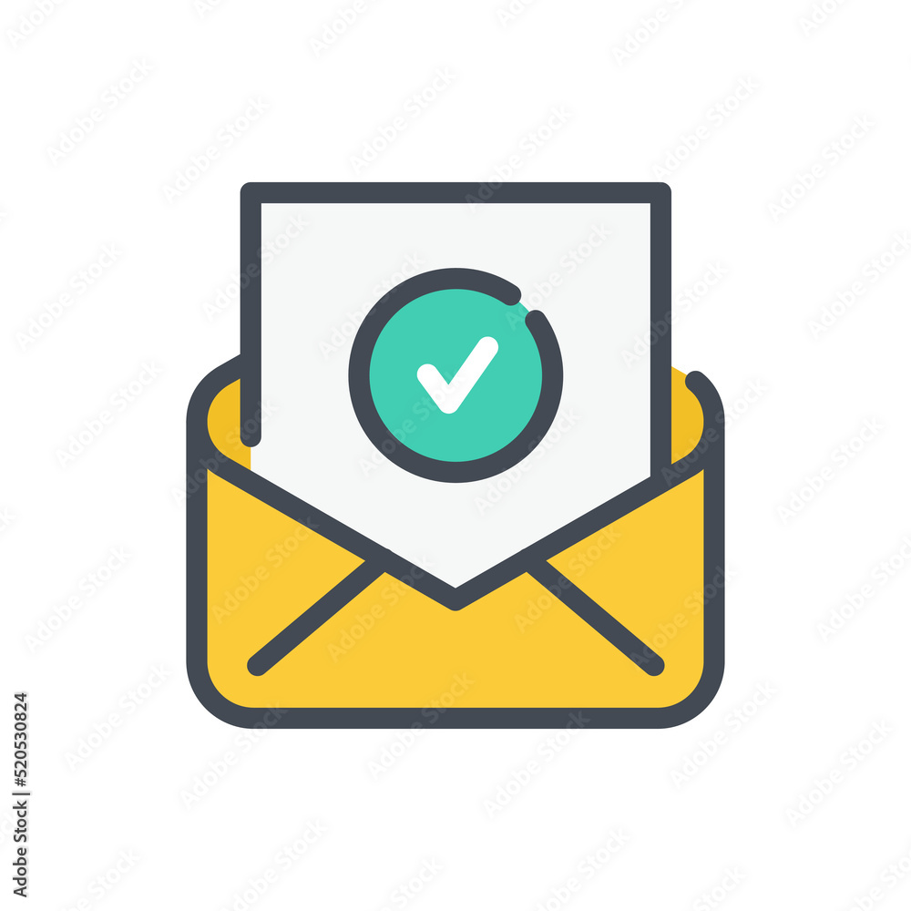 Poster email confirmation and notification of approval color line icon. mail letter with check mark in circ
