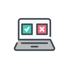 Online survey and Survey questionnaire color line icon. Laptop and check box with tick and cross on display vector outline colorful sign.
