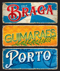 Porto, Braga, Guimaraes, Portuguese travel stickers and luggage tags, vector bag labels. Portugal country and city vacations or journey trip retro tin signs and travel plates with landmarks - obrazy, fototapety, plakaty
