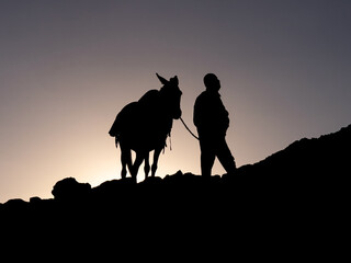 the mule who carries the mountaineers' equipment to the summit and its owner