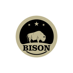 Bison silhouette logo template in black circle frame vector illustration with stars and text isolated on white background