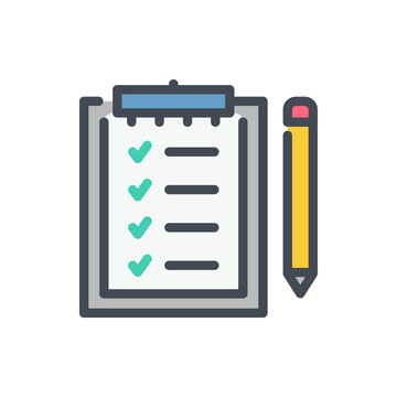 Clipboard with check mark list and pencil color line icon. Quality control report and Exam list vector outline colorful sign.