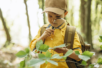 Boy traveler looking through magnifying glass in the forest
