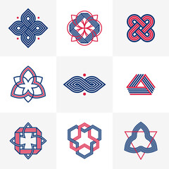 Graphic design elements for logo creation, intertwined lines vintage style icons collection, abstract geometric linear symbols vector set.