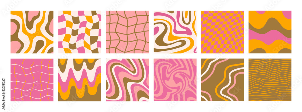 Poster Big set of square backgrounds in style retro 70s, 80s. Groovy hippie abstract psychedelic design. Vector illustration