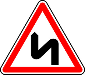 Vector graphic of a uk warning of a double bend ahead road sign. It consists of a road with a double bend symbol contained within a red triangle