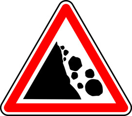 Vector graphic of a uk danger of falling rocks ahead road sign. It consists of a hillside and falling boulders symbol contained within a red triangle © Anthony